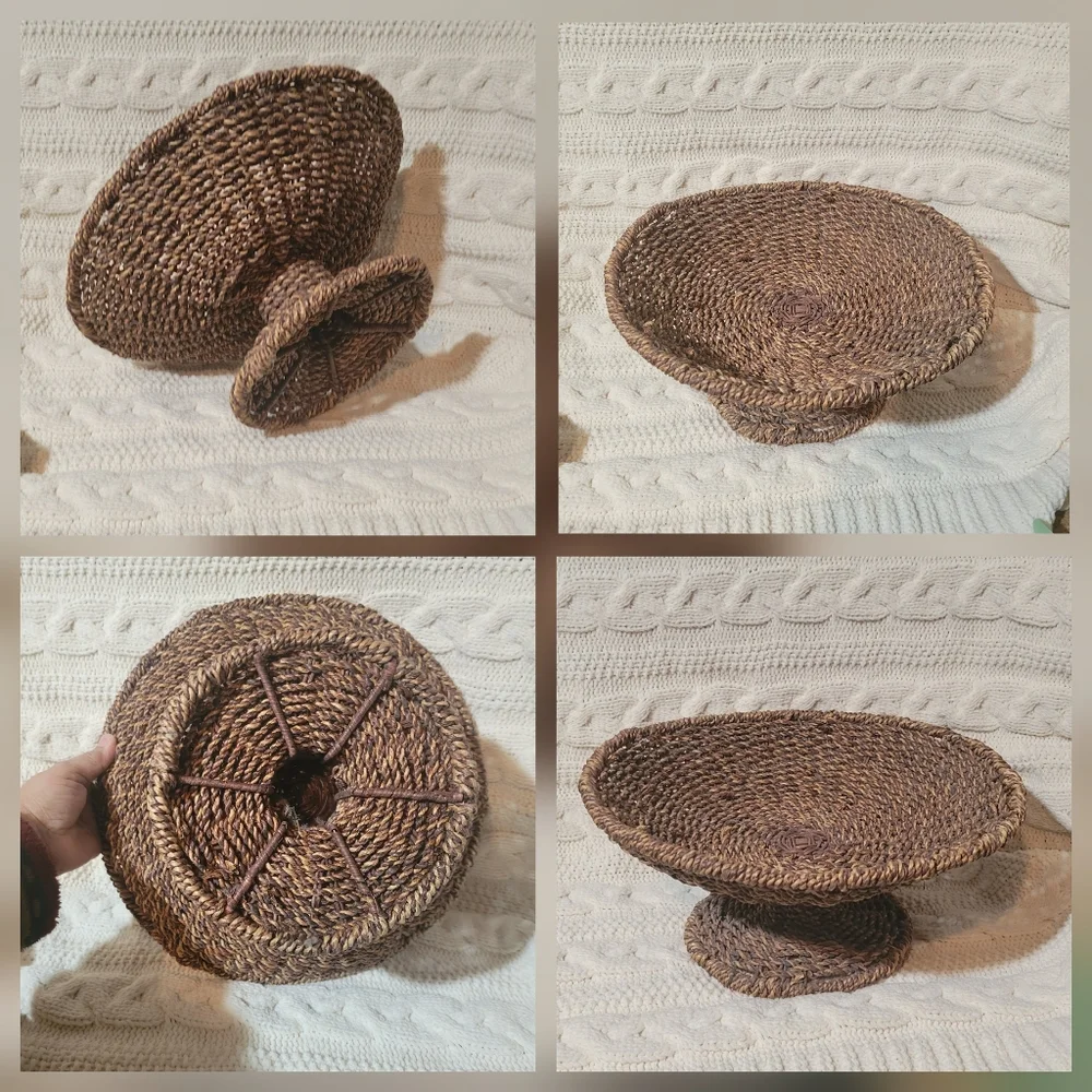 Hand Woven Pedestal Fruit Bowl Basket 14” Wide X 7” Tall